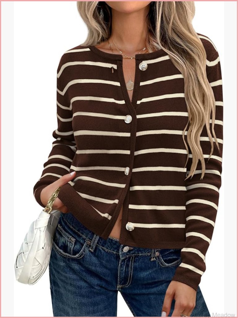 Striped Business Casual Cardigan Sweater Crew Neck Button Front